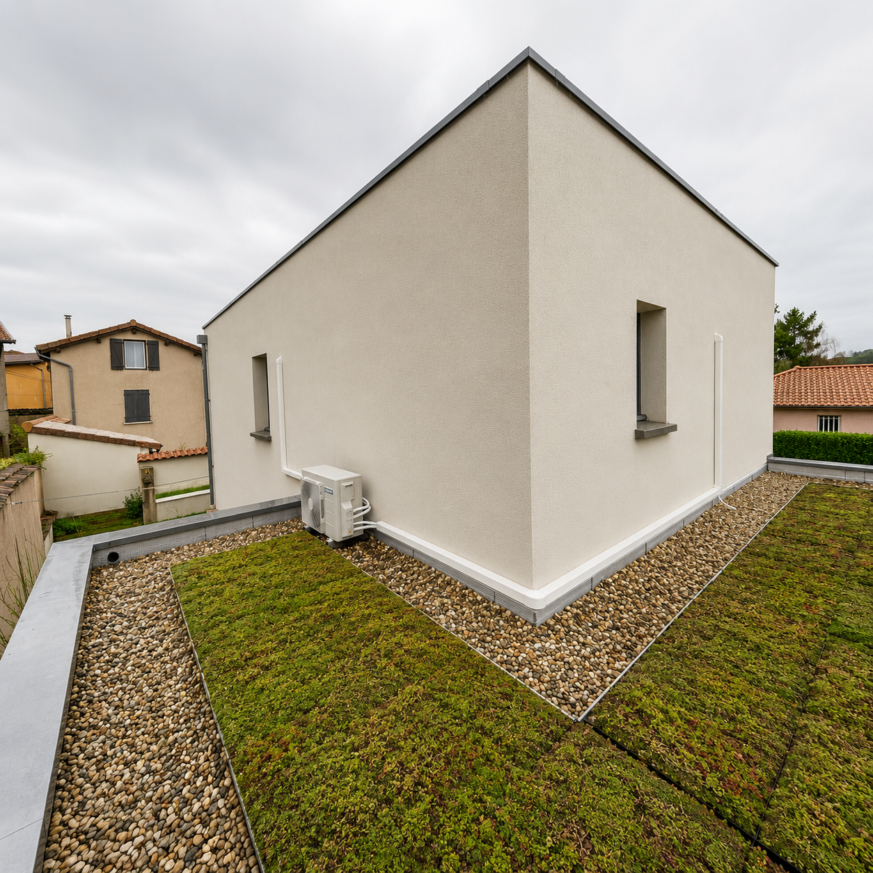 Unité extérieure de climatisation posée sur une maison à Saint-Maurice-de-Beynost